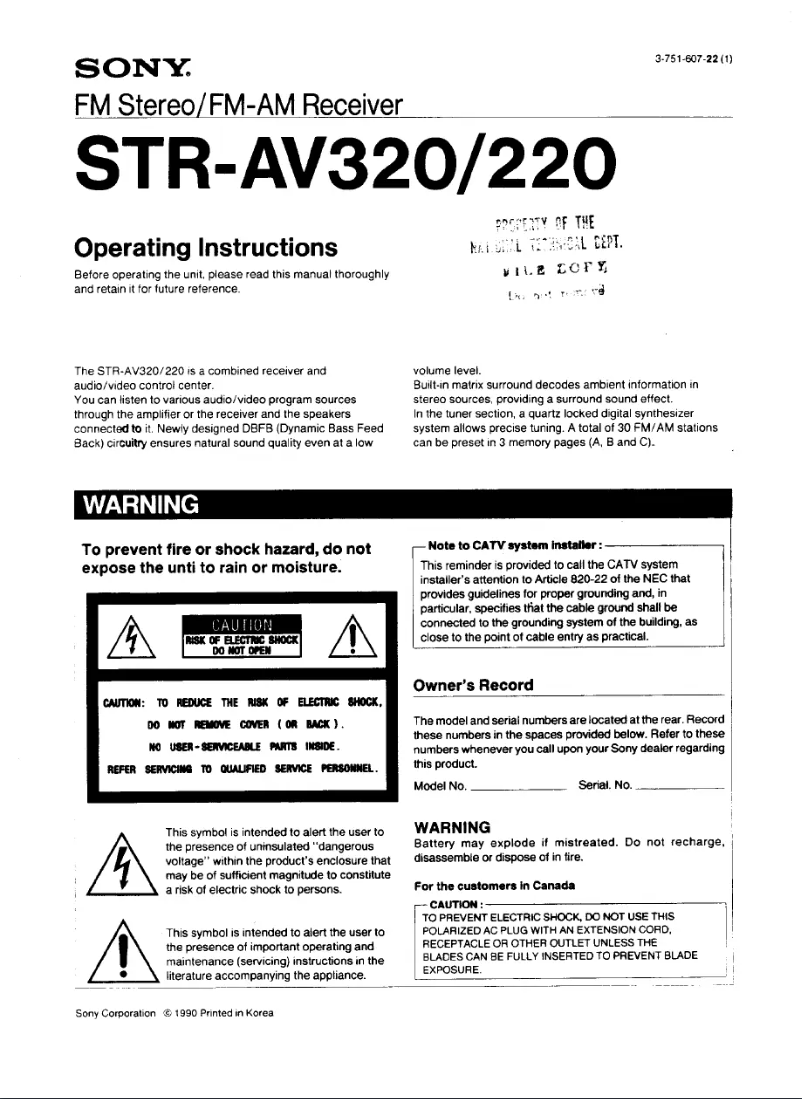 Page n°1 - Manuel utilisateur Sony STR-AV220