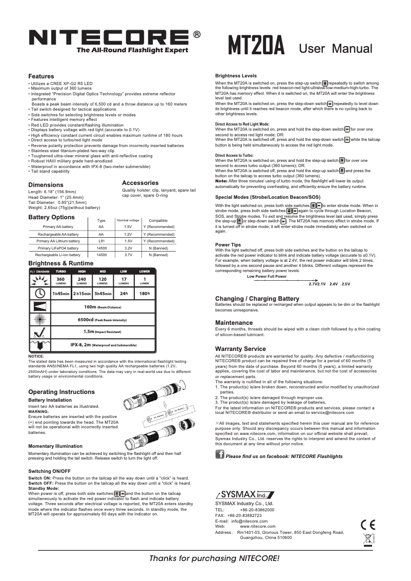 Page 1 de la notice Manuel utilisateur Nitecore MT20A