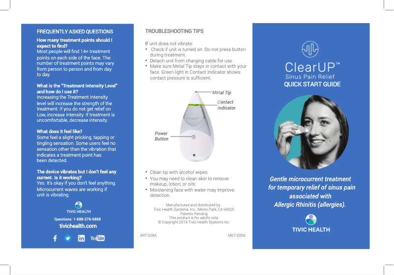 Page 1 de la notice Guide de démarrage rapide Tivic Health ClearUP