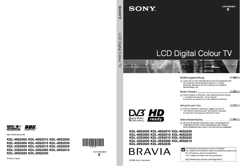 Page 1 de la notice Manuel utilisateur Sony Bravia KDL-46S2000