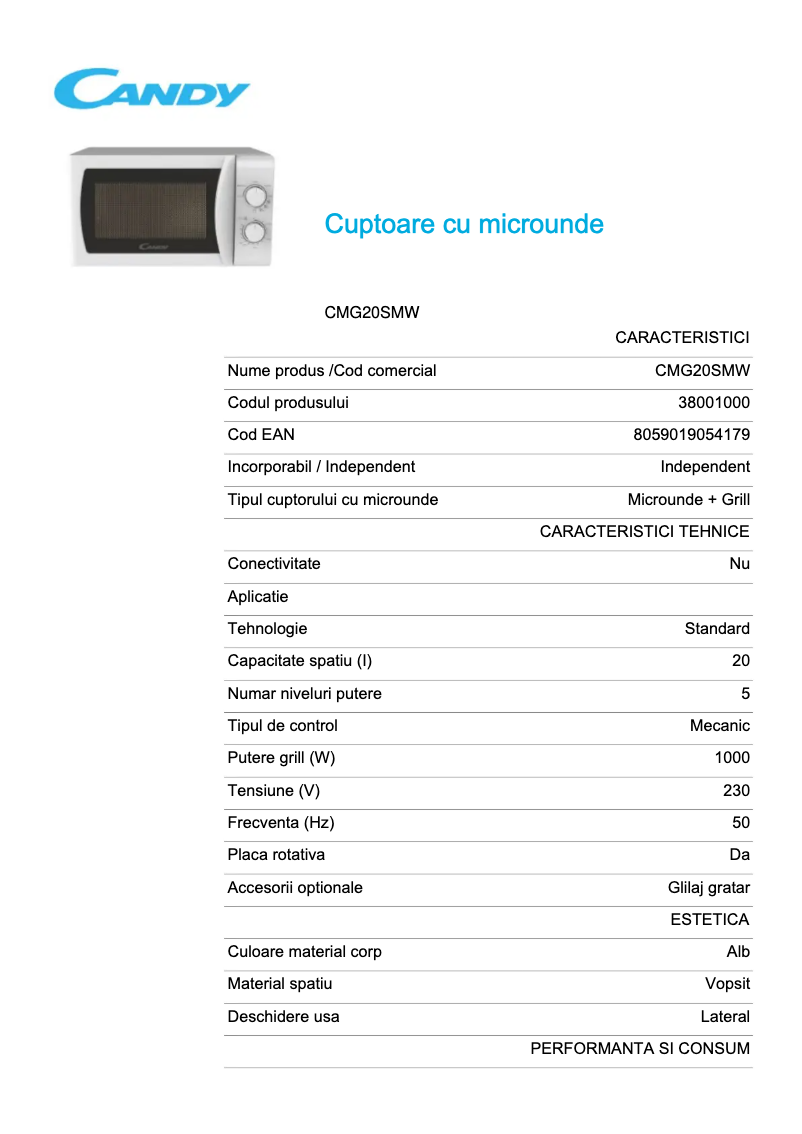 Page 1 de la notice Fiche technique Candy CMG20SMW