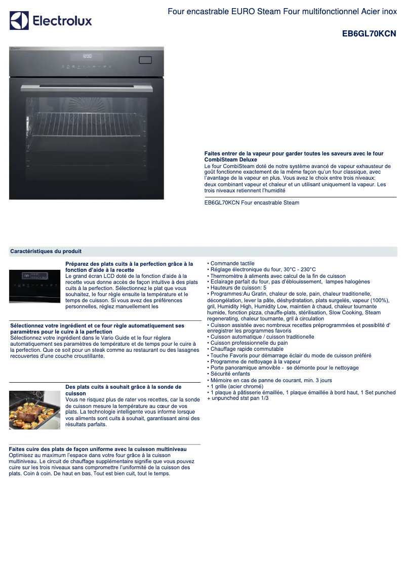 Page 1 de la notice Fiche technique Electrolux EB6GL70KCN