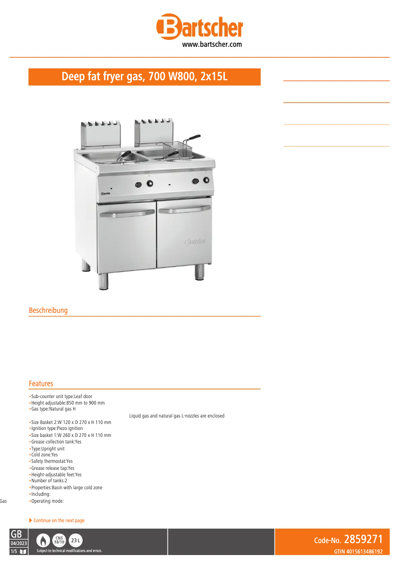 Page n°1 - Fiche technique Bartscher 2859271