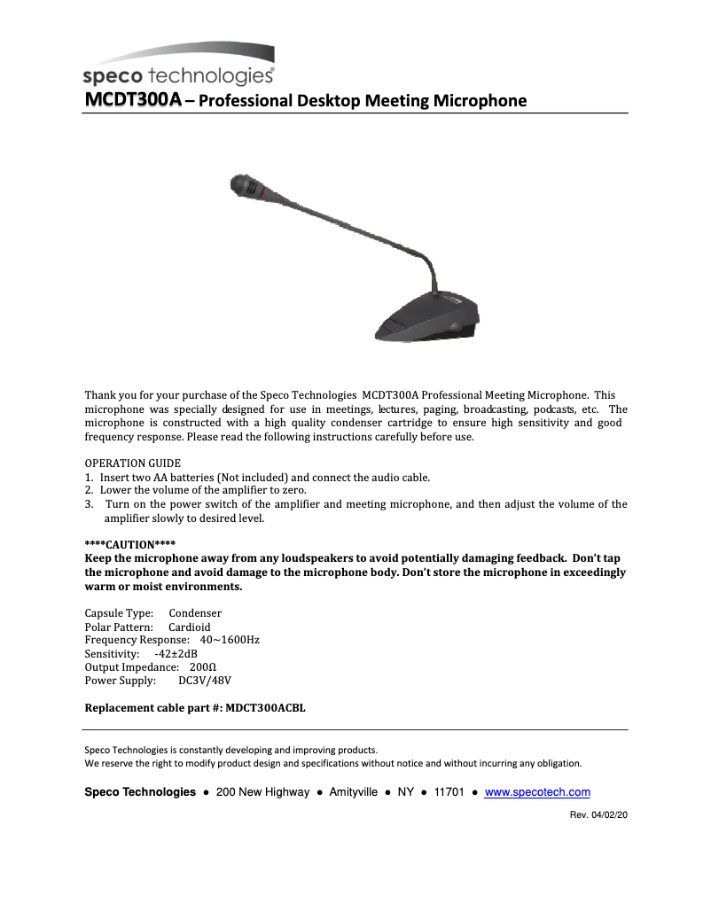 Page n°1 - Manuel utilisateur Speco Technologies MCDT300A