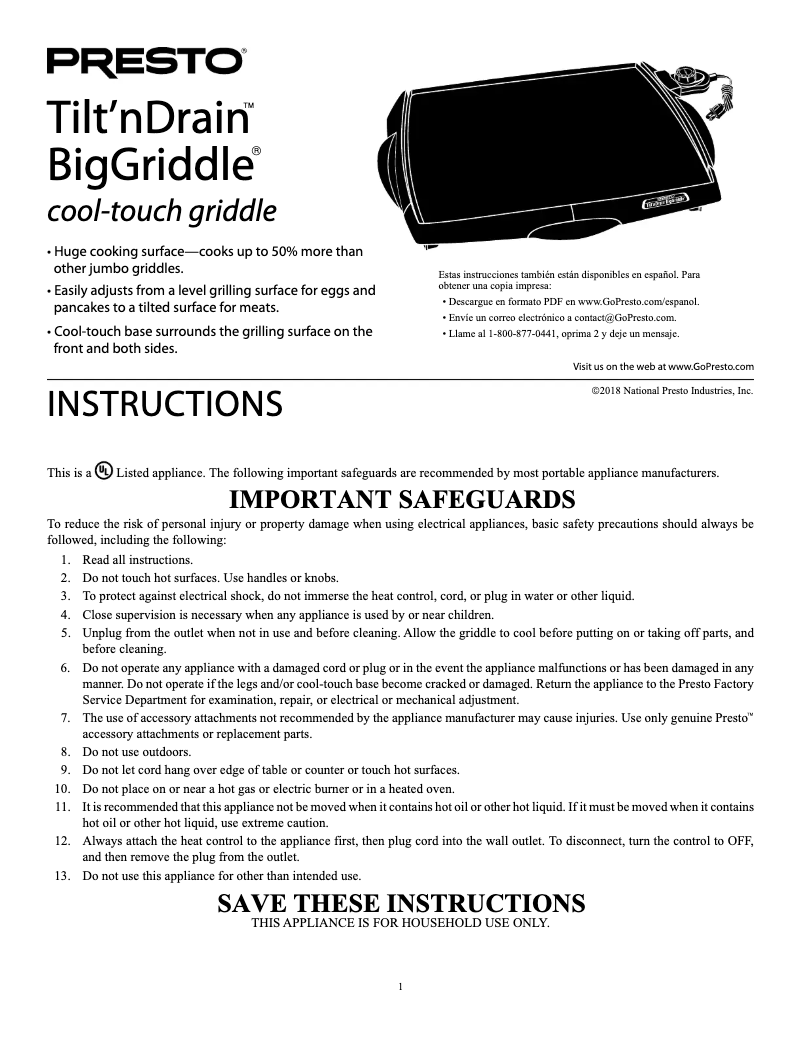 Page n°1 - Manuel utilisateur Presto BigGriddle 07046