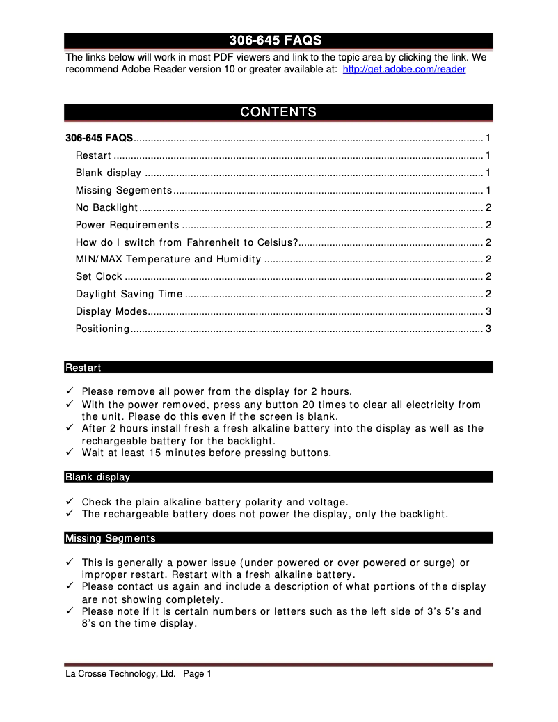 Page 1 de la notice FAQ La Crosse Technology 306-645