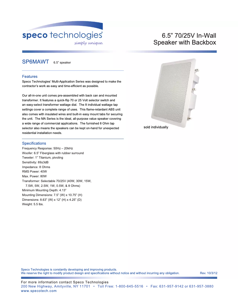 Page n°1 - Brochure Speco Technologies SP6MAWT