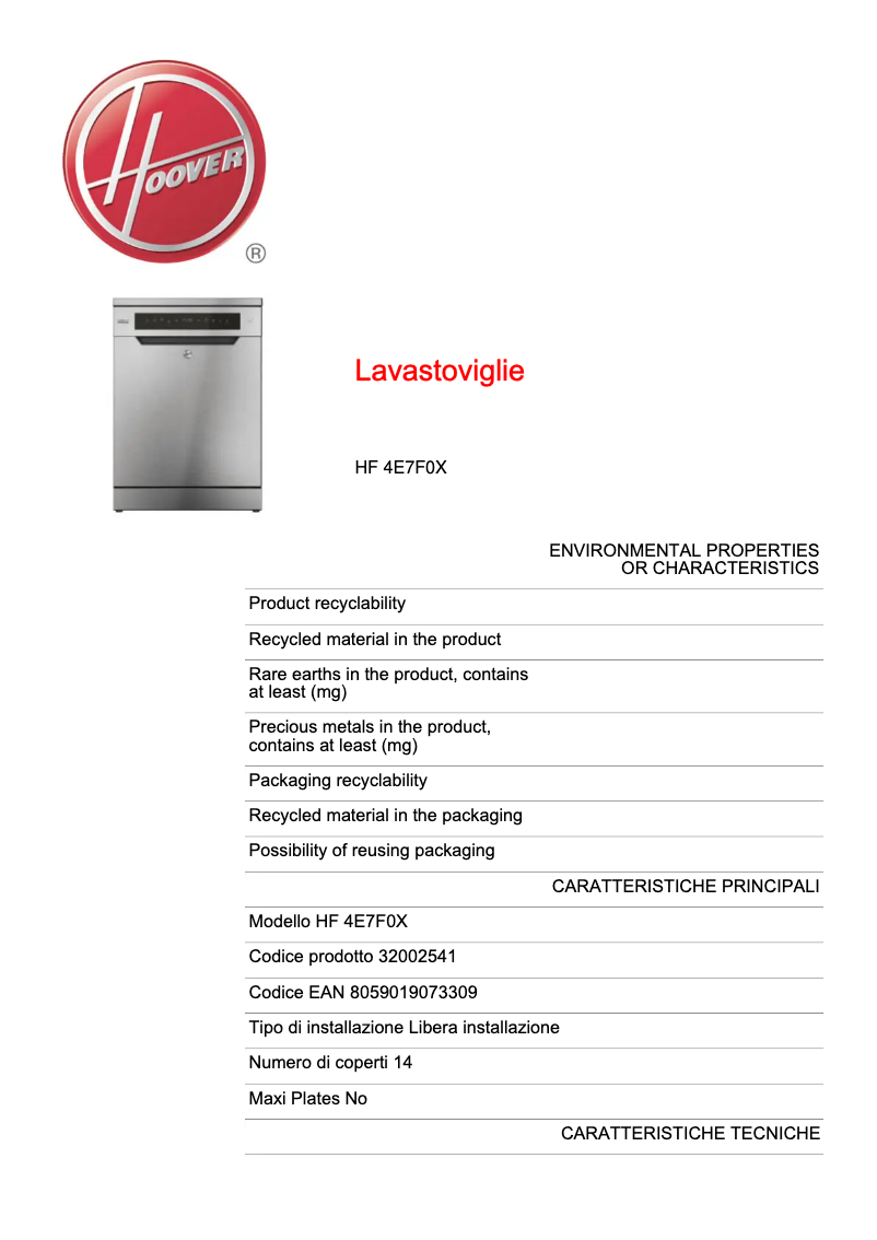 Page n°1 - Fiche technique Hoover HF 4E7F0X