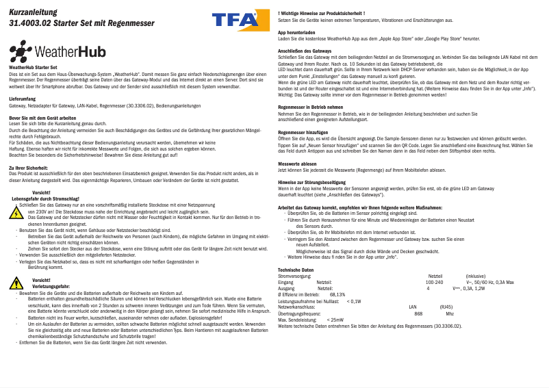 Page 1 de la notice Manuel utilisateur TFA WeatherHub 31.4003.02