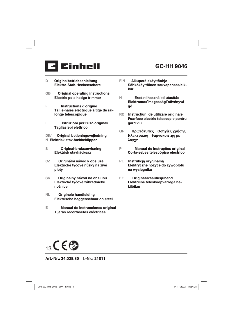 Page 1 de la notice Manuel utilisateur Einhell GC-HH 9046