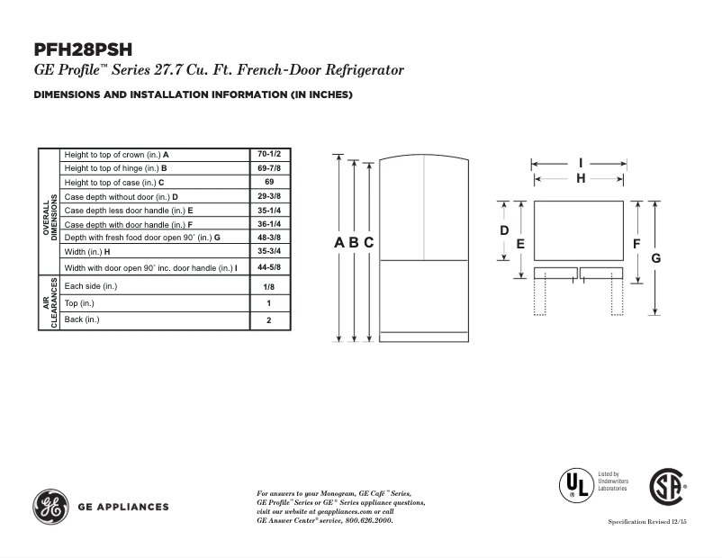 Page n°1 - Fiche technique GE Profile PFH28PSHSS