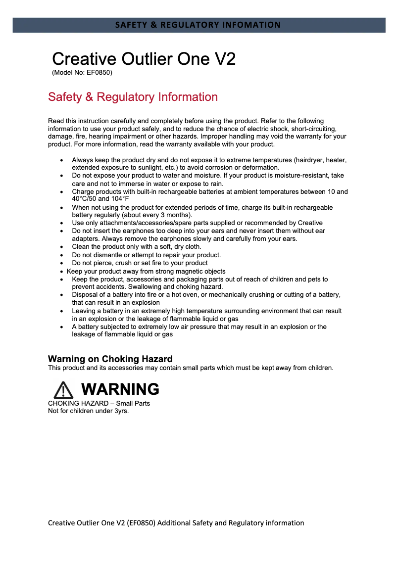 Page 1 de la notice Instructions de sécurité Creative Outlier Air V2