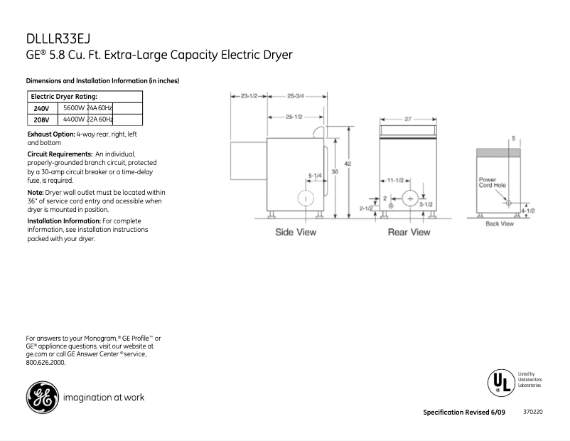 Page 1 de la notice Manuel utilisateur GE DLLLR33EJWW