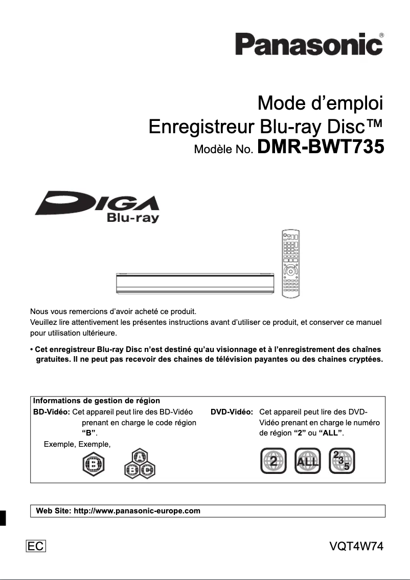 Page 1 de la notice Manuel utilisateur Panasonic DMR-BWT735