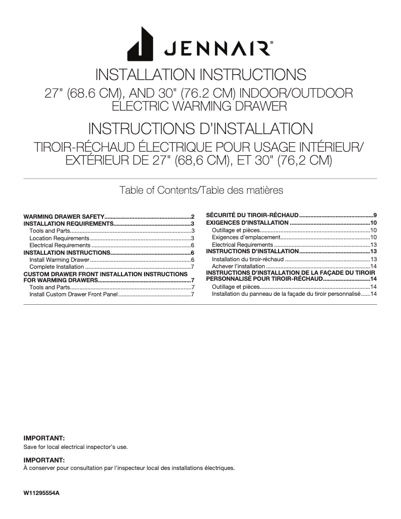 Page 1 de la notice Guide d'installation Jenn-Air JJD3030IM