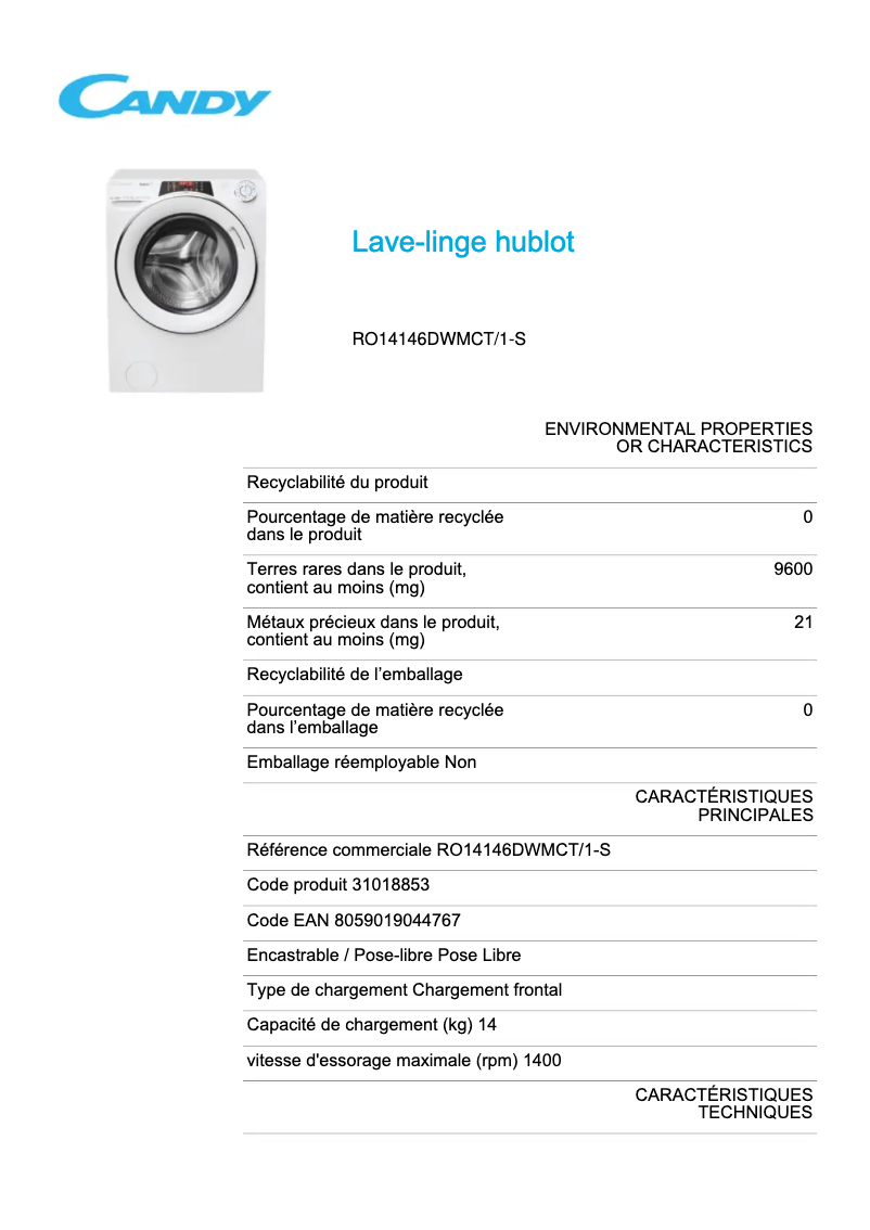 Page 1 de la notice Fiche technique Candy RO14146DWMCT/1-S