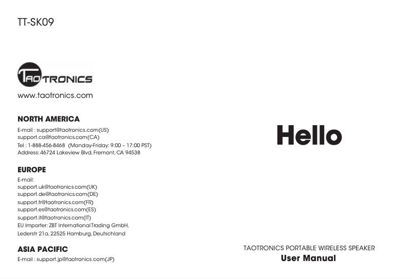 Page n°1 - Manuel utilisateur TaoTronics TT-SK09