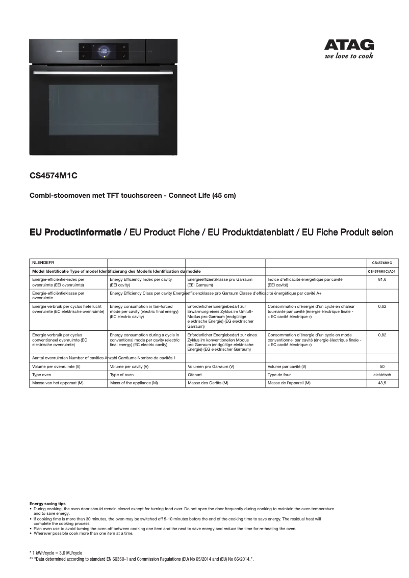Page 1 de la notice Fiche technique Atag CS4574M1C