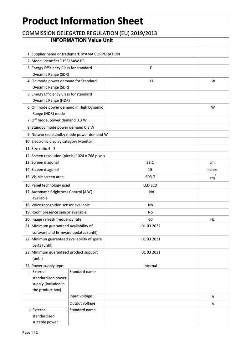 Page 1 de la notice Label énergétique Iiyama ProLite T1531SAW-B5