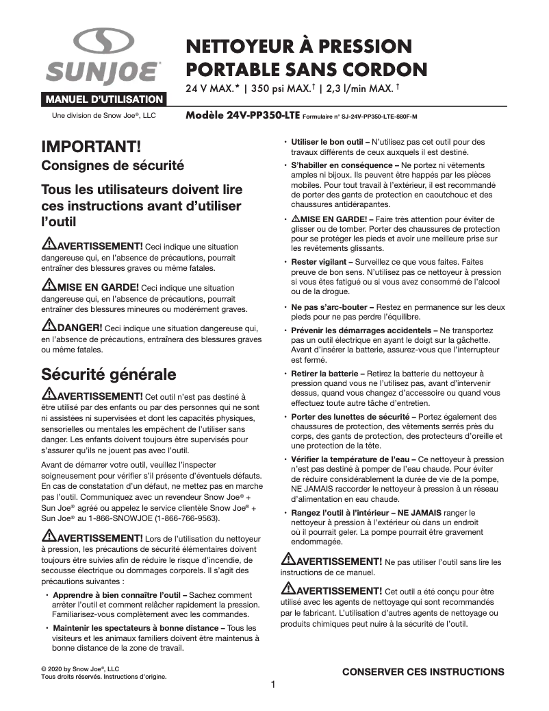 Page 1 de la notice Manuel utilisateur Sun Joe 24V-PP350-BDL