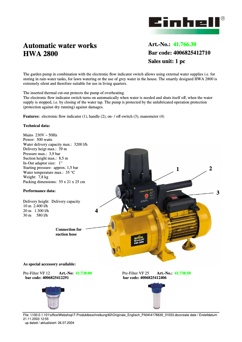 Page n°1 - Fiche technique Einhell Royal HWA 2800