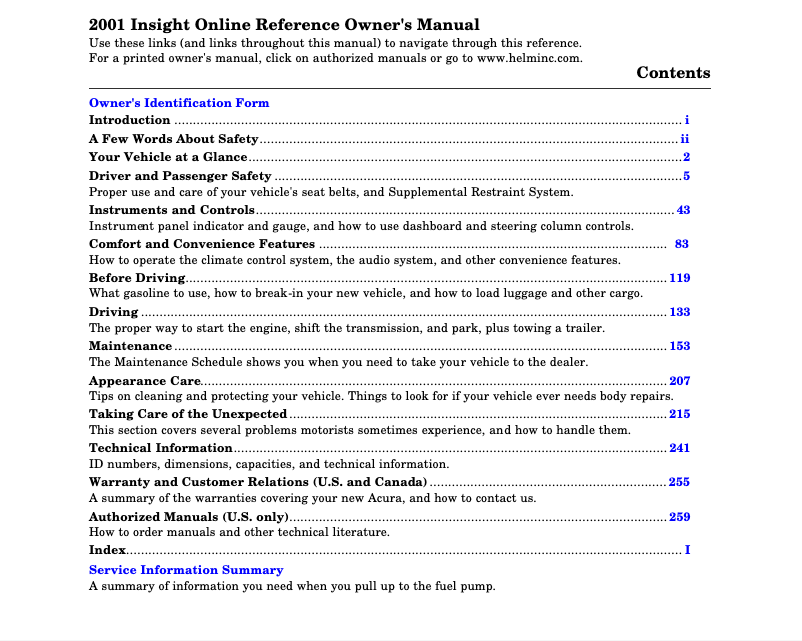 Page 1 de la notice Manuel utilisateur Honda Insight (2001)