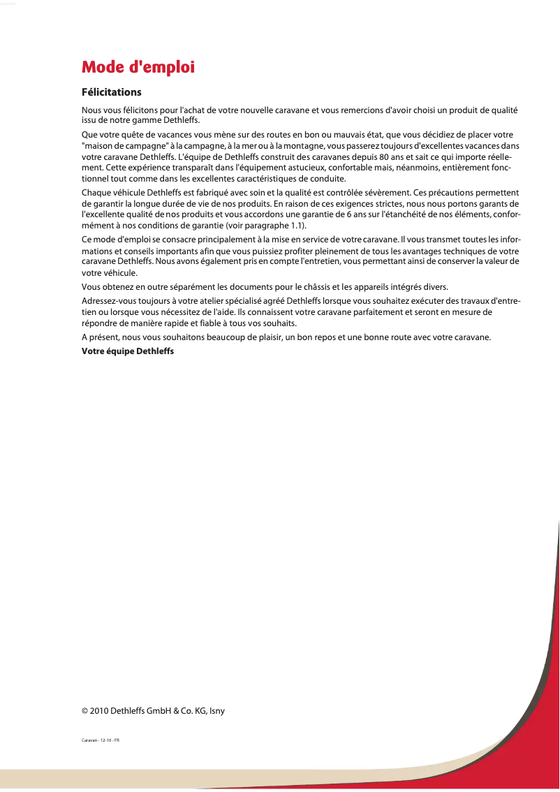 Page 1 de la notice Manuel utilisateur Dethleffs 2011