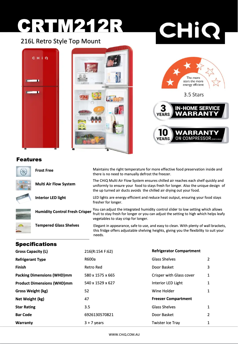 Page 1 de la notice Fiche technique CHiQ CRTM212R