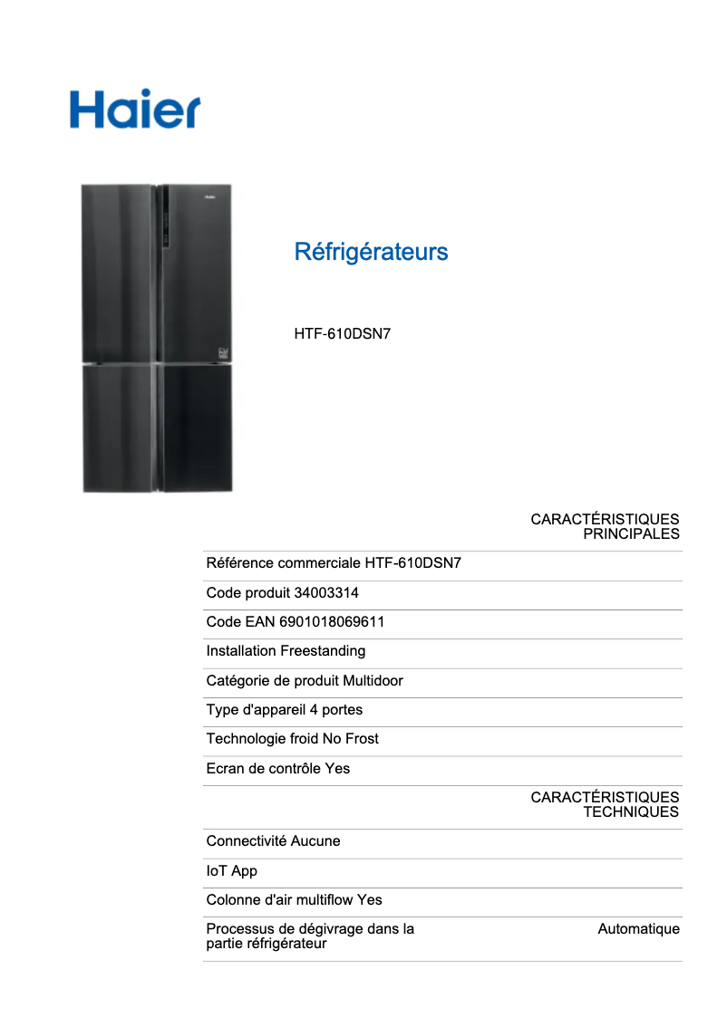 Page n°1 - Fiche technique Haier HTF-610DSN7