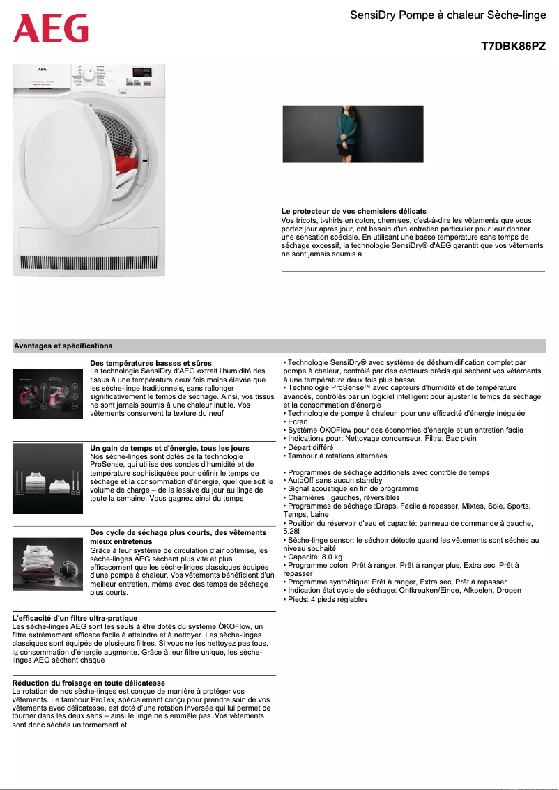 Page 1 de la notice Fiche technique AEG T7DBK86PZ