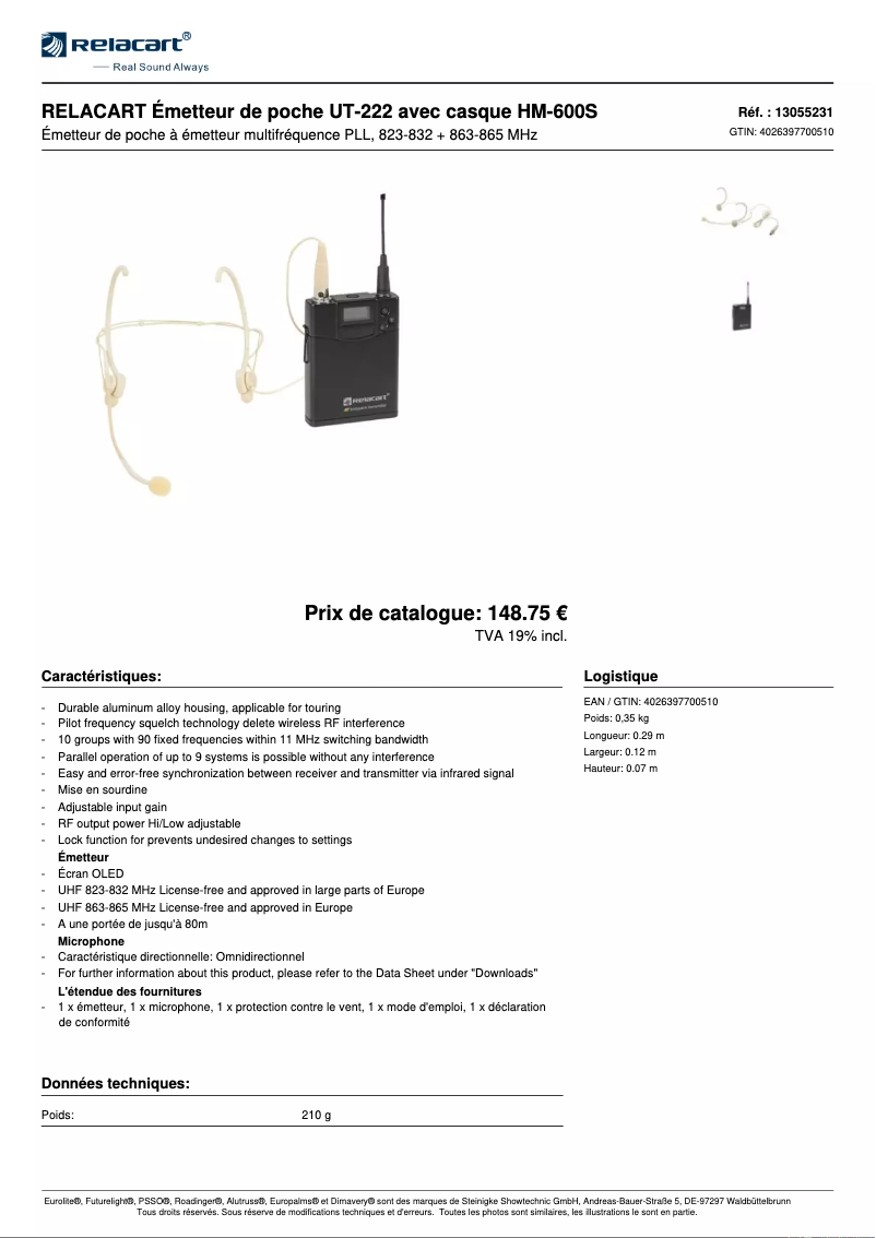 Page 1 de la notice Fiche technique Relacart UT-222