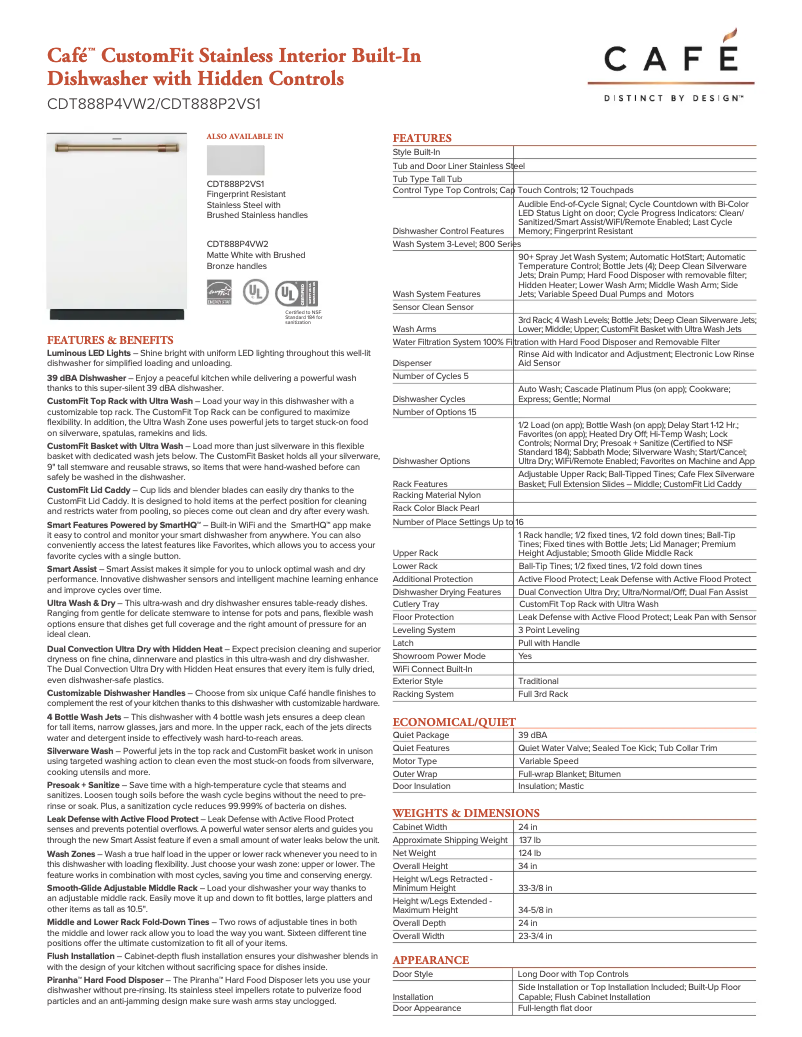 Page 1 de la notice Fiche technique GE CDT888P4VW2