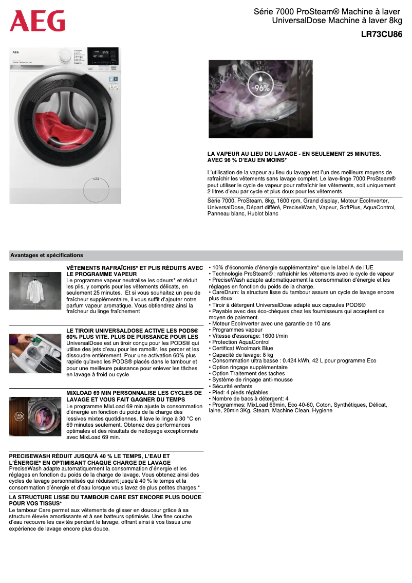Page 1 de la notice Fiche technique AEG LR73CU86
