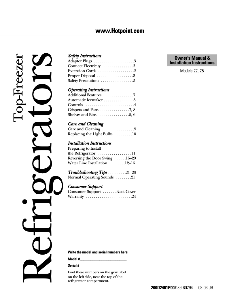 Page n°1 - Guide d'installation Hotpoint HTS22GBMWW