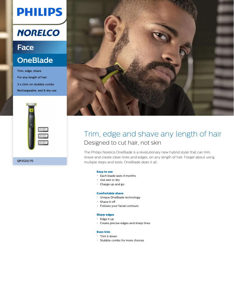 Page 1 de la notice Fiche technique Philips OneBlade QP2520