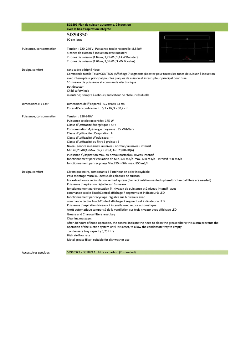 Page 1 de la notice Fiche technique Blaupunkt 5IX94350