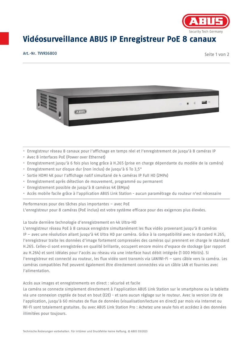 Page 1 de la notice Fiche technique Abus TVVR36800