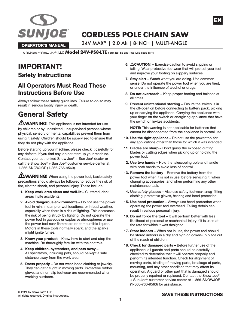 Page n°1 - Manuel utilisateur Sun Joe 24V-PS8-LTE
