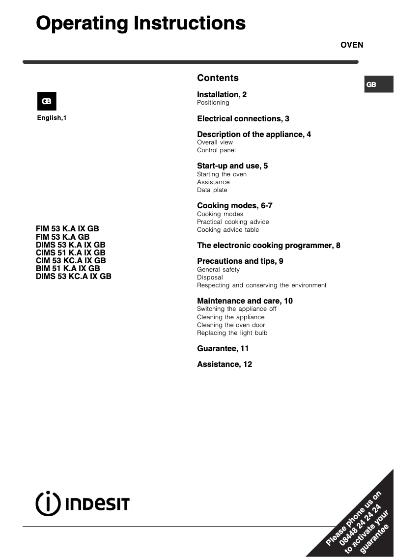 Page 1 de la notice Manuel utilisateur Indesit FIM 53 KA IX