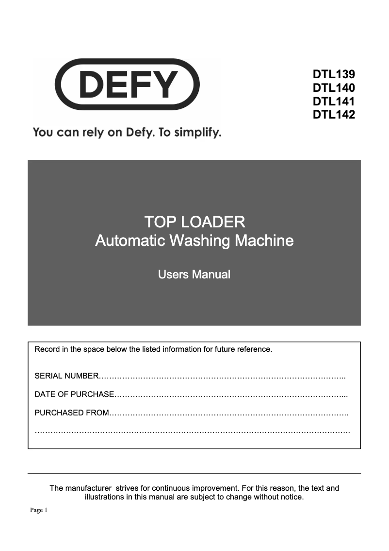 Page n°1 - Manuel utilisateur Defy DTL 140