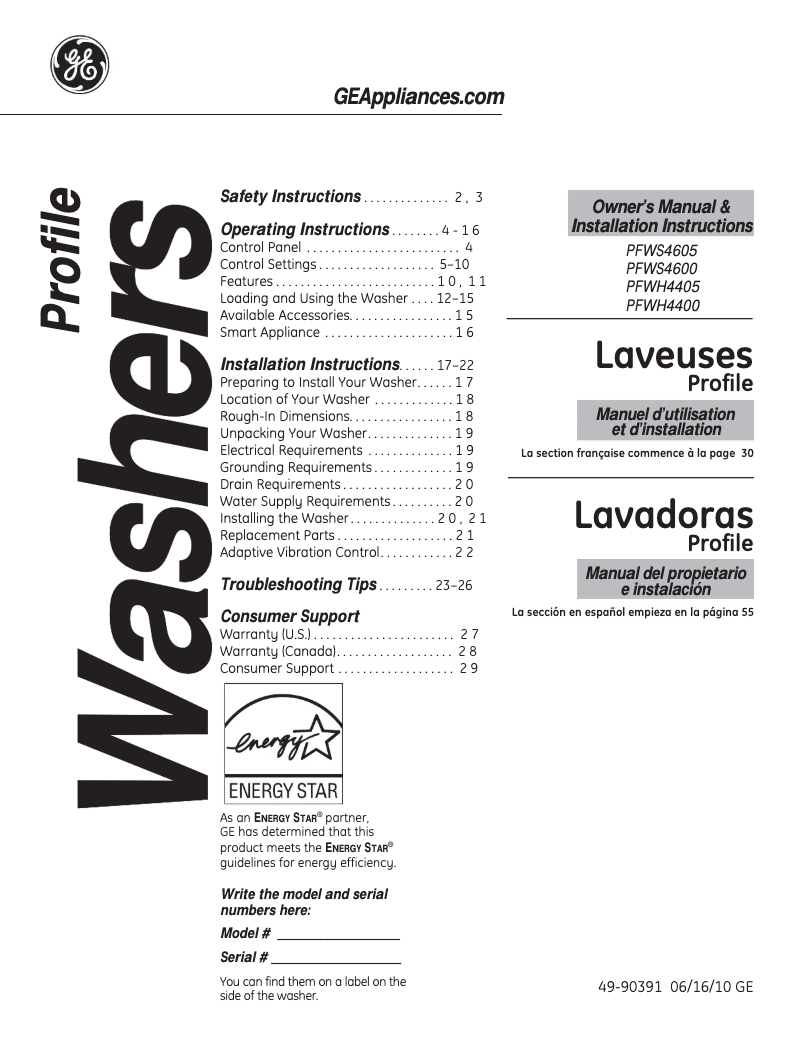 Page n°1 - Manuel utilisateur GE PFWS4600LWW