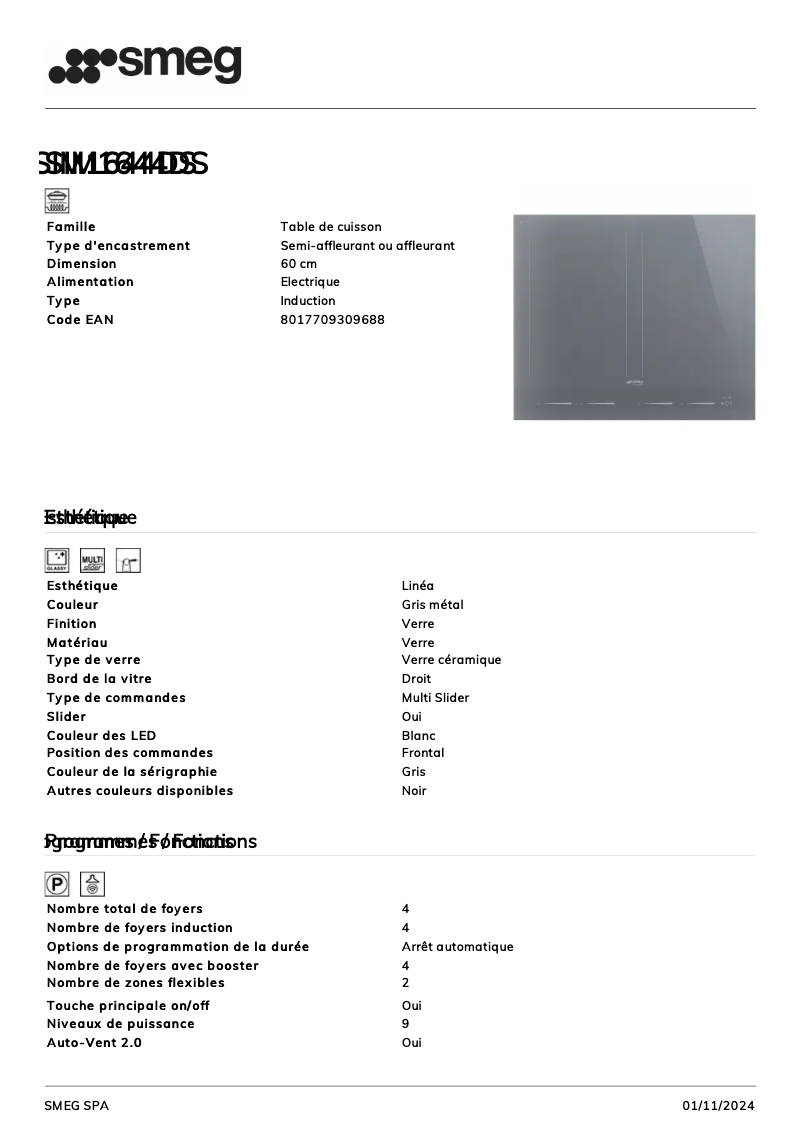 Page n°1 - Fiche technique Smeg SIM1644DS