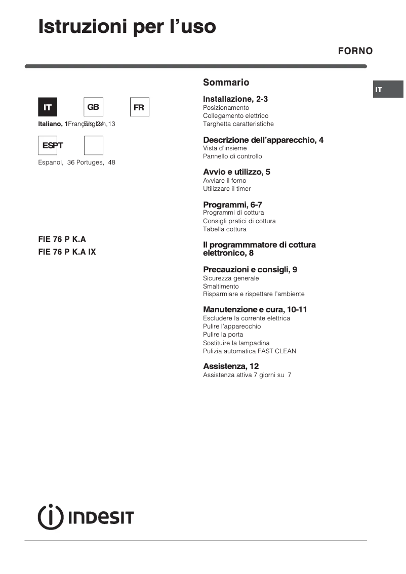 Page n°1 - Manuel utilisateur Indesit FIE 76 P K.A (BK)