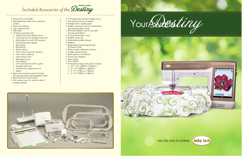 Page 1 de la notice Fiche technique Baby Lock Destiny BLDY