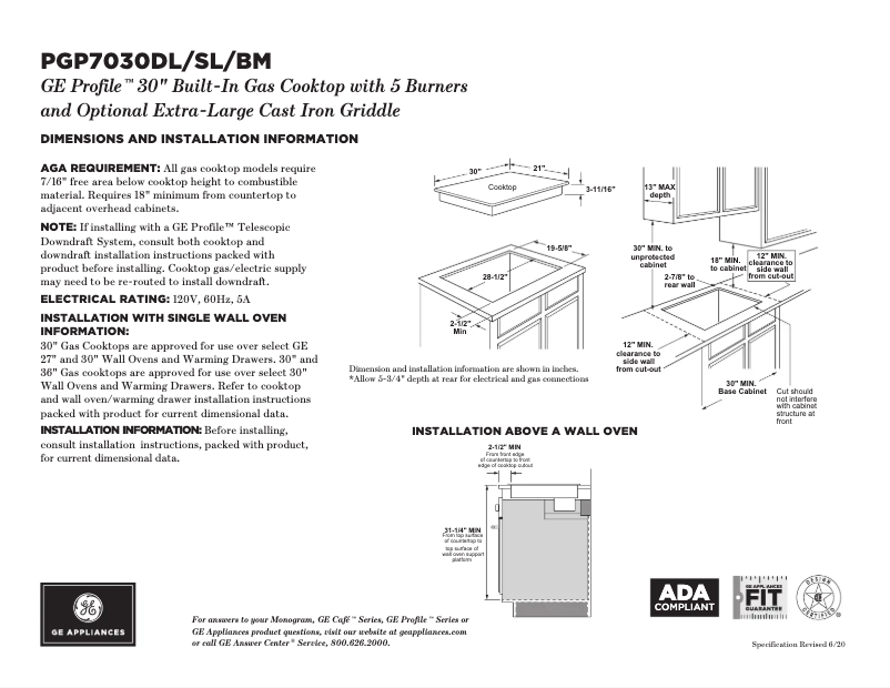 Page 1 of the manual Technical Sheet GE Profile PGP7030DLBB