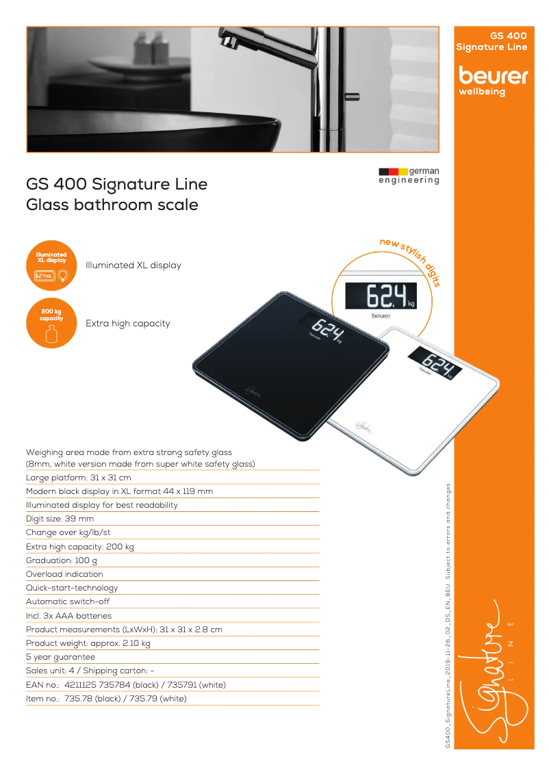 Page 1 de la notice Fiche technique Beurer GS 400 Signature Line