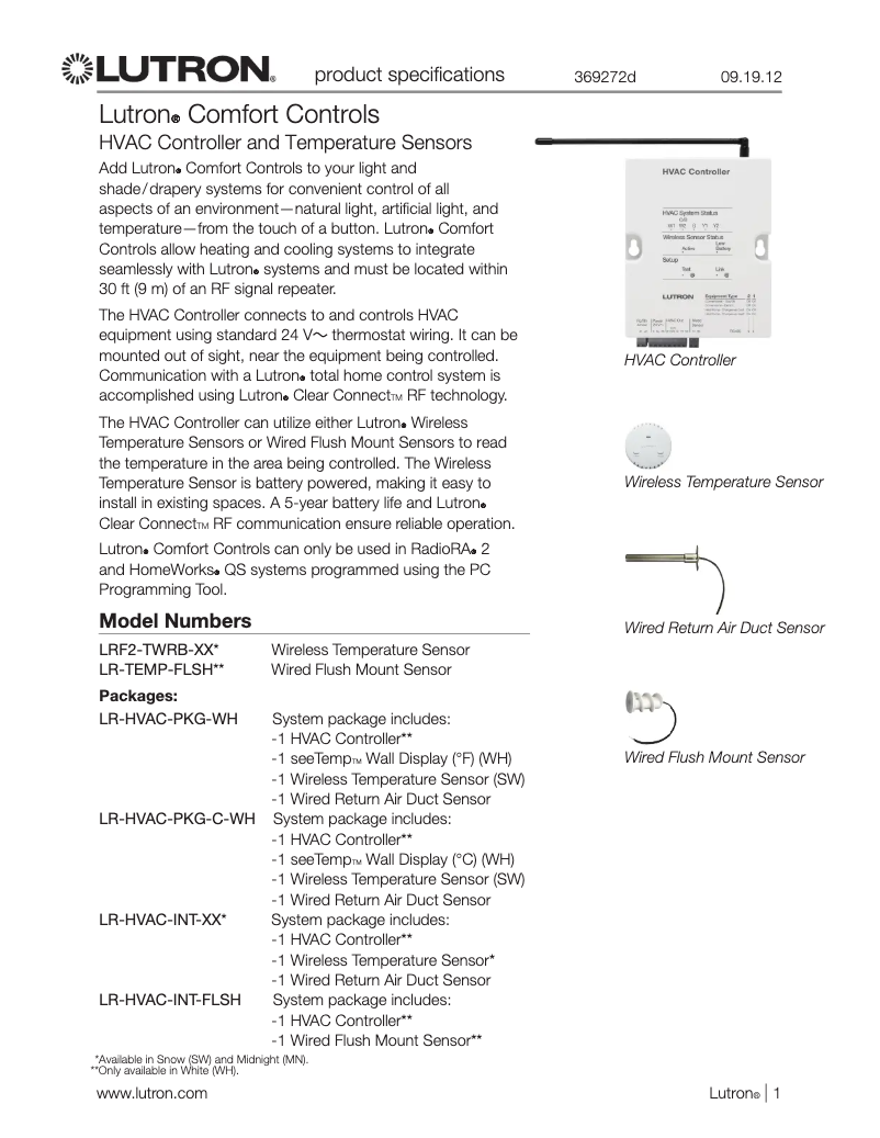 Page n°1 - Manuel utilisateur Lutron LR-HVAC-PKG-C-WH