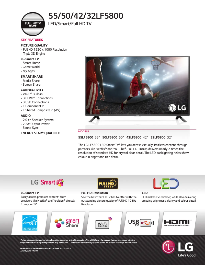 Page 1 de la notice Fiche technique LG 55LF5800