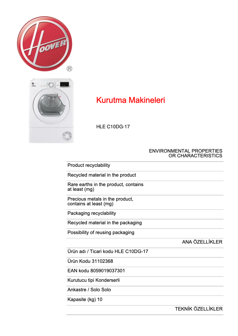 Página 1 del manual Ficha técnica Hoover HLE C10DG-17