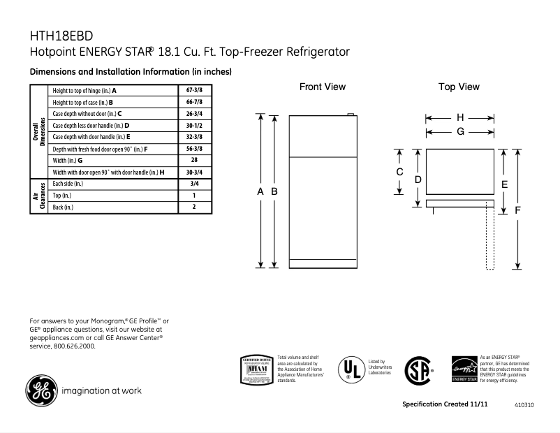 Page 1 de la notice Fiche technique Hotpoint HTH18EBDCC